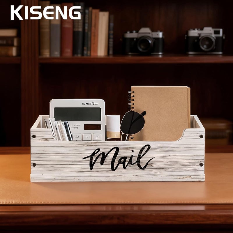 KISENG White Wooden Mail Organizer Countertop (Retro White+Black) - Image 3